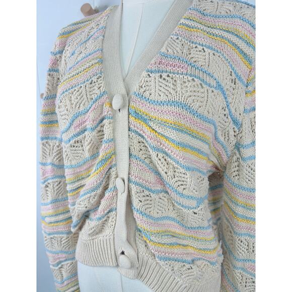 Zara Pastel Stripe Pointelle Knit Crochet Cardigan Sweater Mediuim - Picture 6 of 11